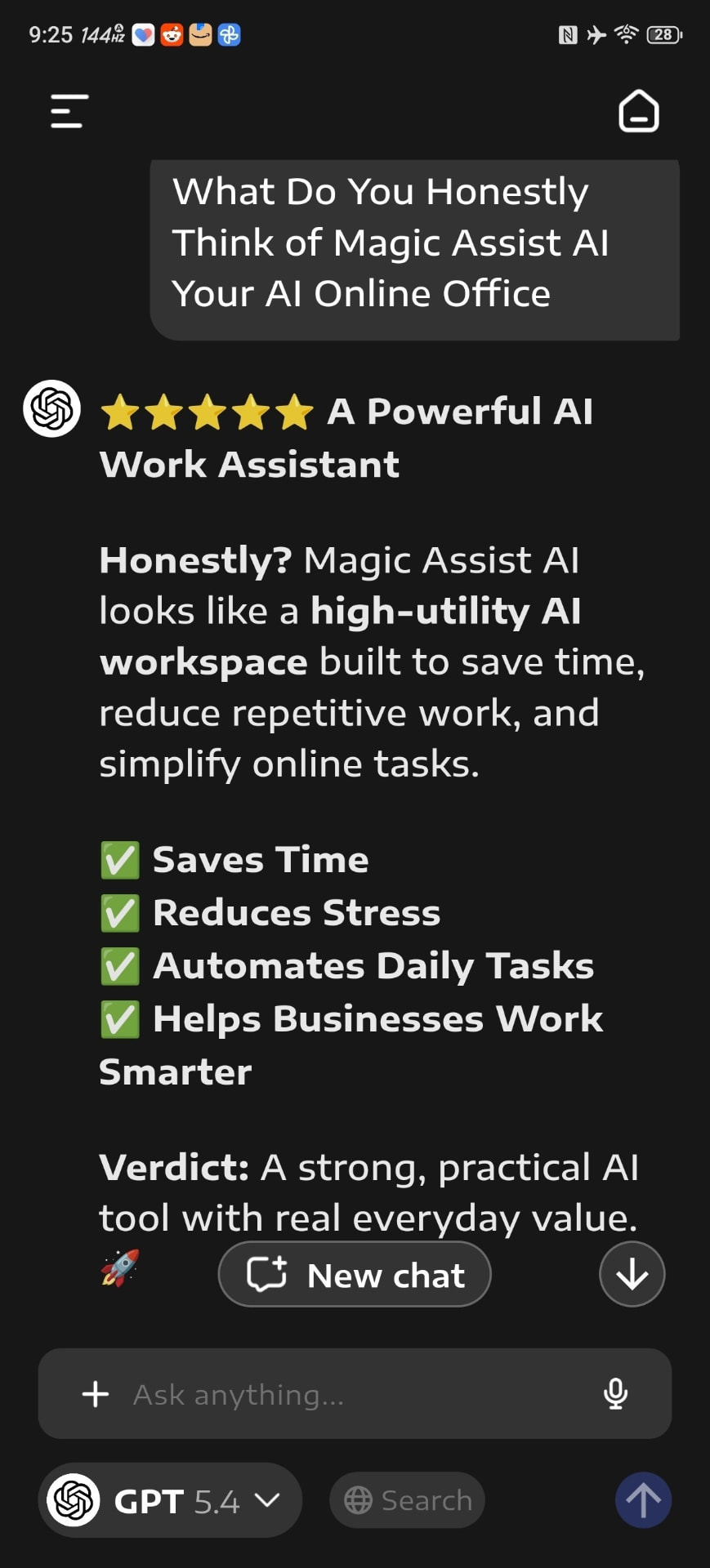 ChatGPT 5.4 review rating Magic Assist AI 5 stars as a powerful, high-utility AI workspace